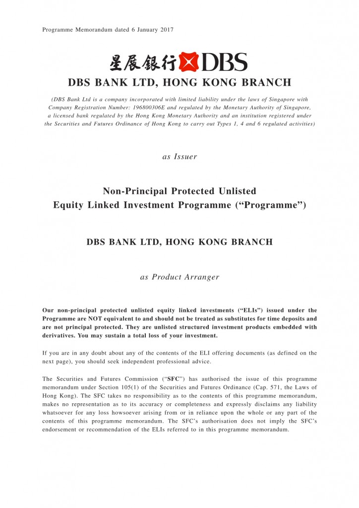 DBS Bank Ltd, Hong Kong Branch – Programme Memorandum