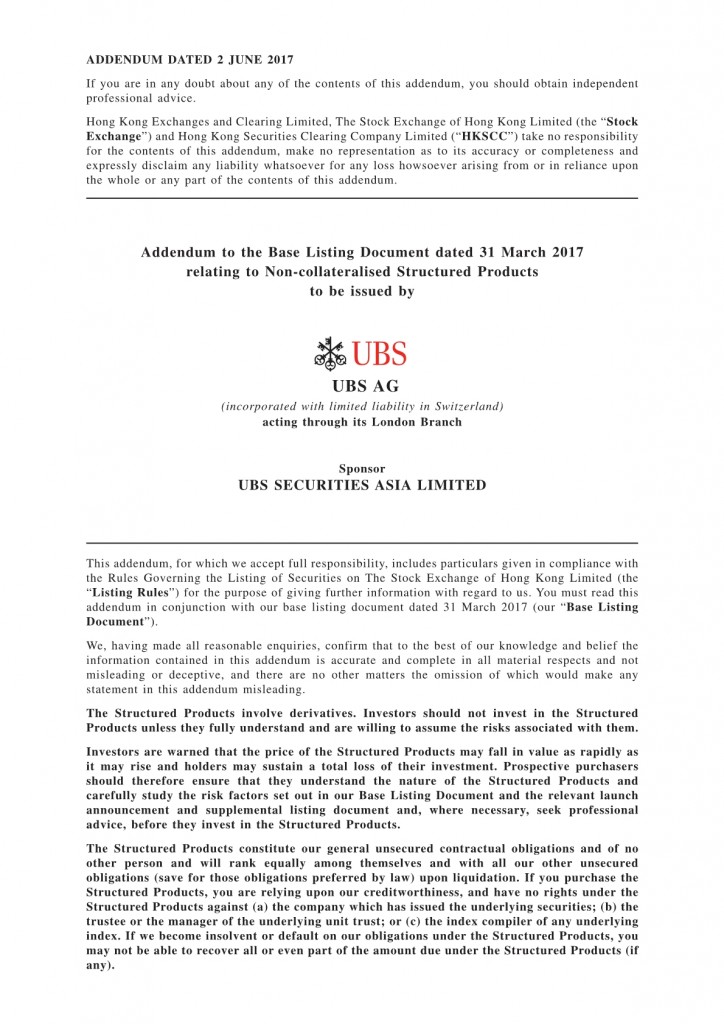 UBS AG – Addendum to the Base Listing Document
