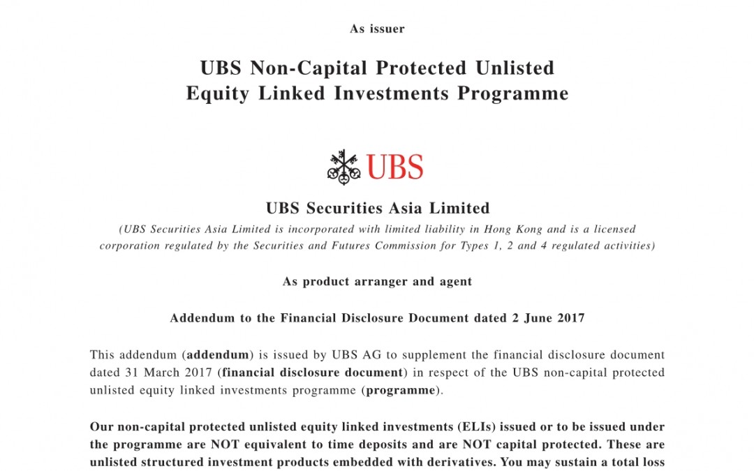 UBS AG – Addendum to the Financial Disclosure Document