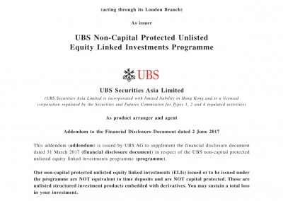 UBS AG – Addendum to the Financial Disclosure Document