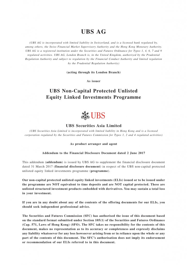 UBS AG – Addendum to the Financial Disclosure Document