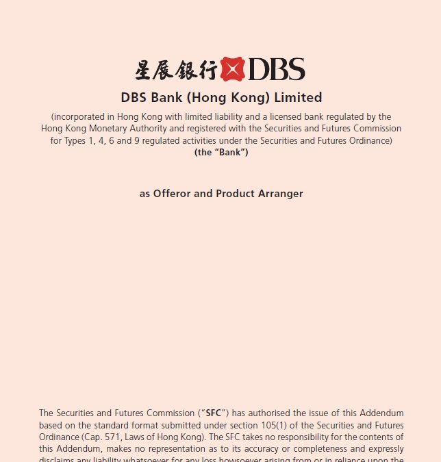 DBS Bank (Hong Kong) Limited – Addendum to the Financial Disclosure Document