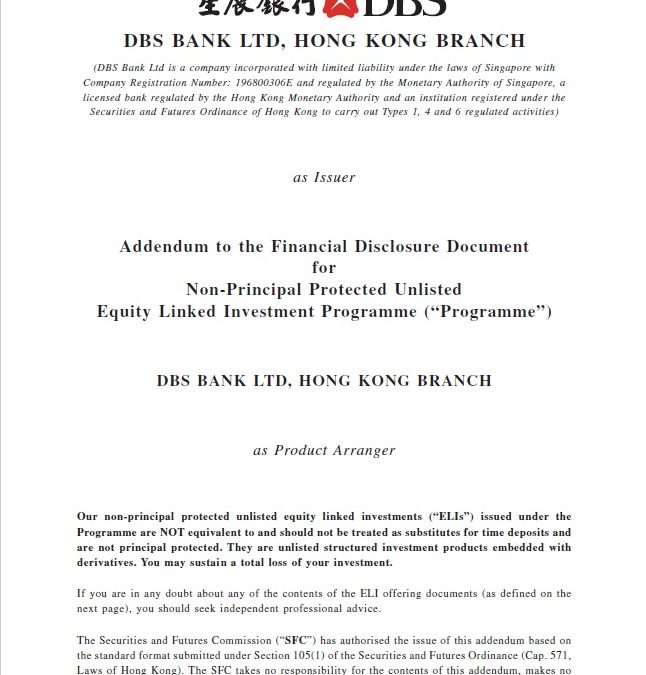 DBS Bank Ltd, Hong Kong Branch – Addendum to the Financial Disclosure Document