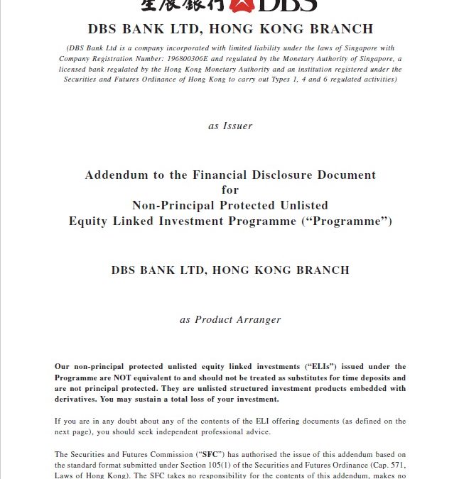 DBS Bank Ltd, Hong Kong Branch – Addendum to the Financial Disclosure Document
