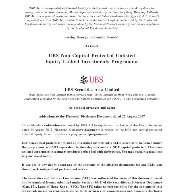 UBS AG – Addendum to the Financial Disclosure Document