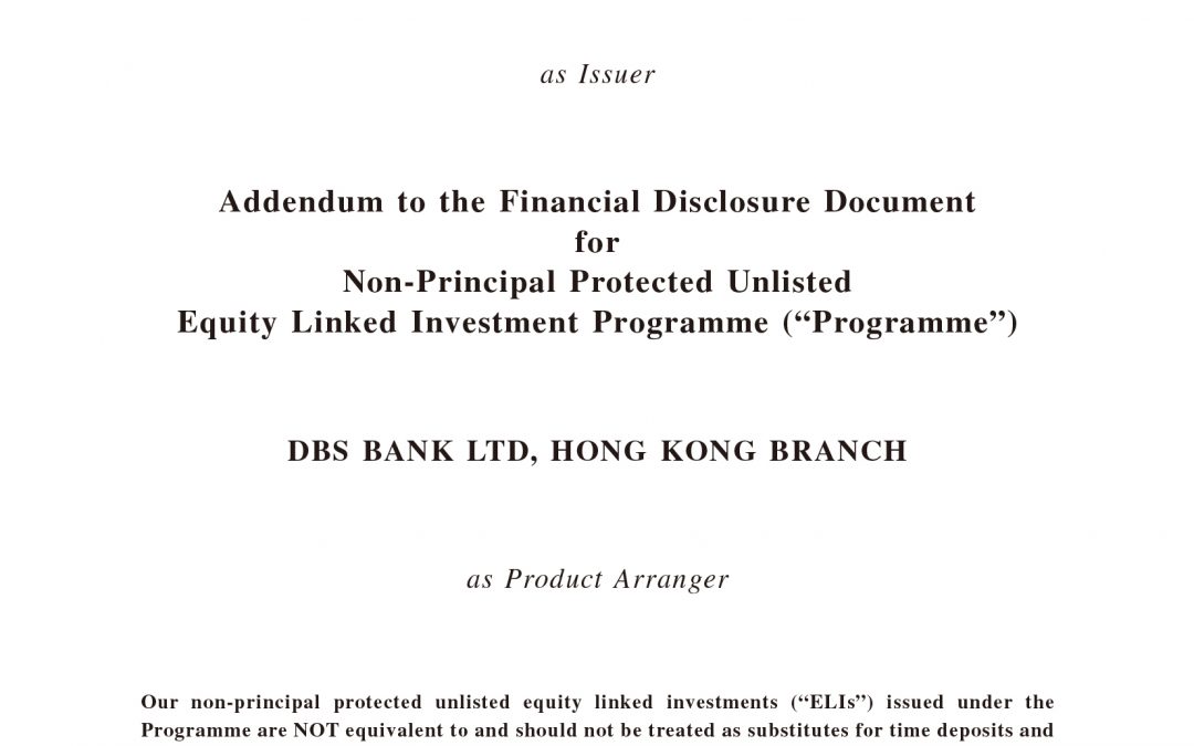 DBS Bank Ltd, Hong Kong Branch – Addendum to the Financial Disclosure Document