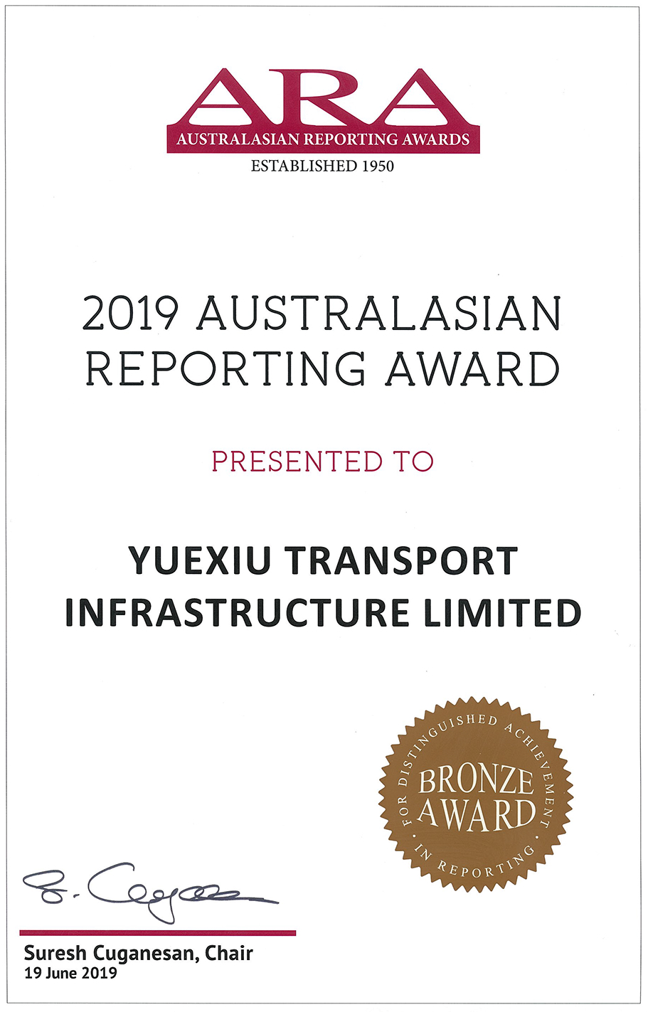 YUEXIU TRANSPORT INFRASTRUCTURE LIMITED – 2019 AUSTRALASIAN REPORTING AWARD BRONZE AWARD
