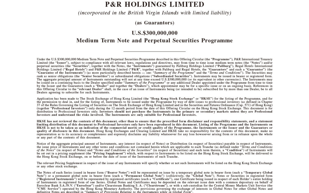 P & R INTERNATIONAL TREASURY LIMITED